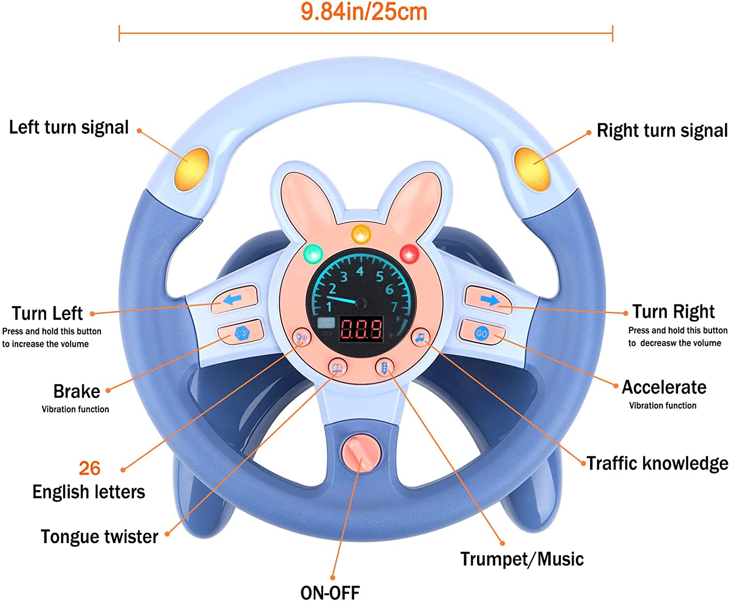 Volant pour voiture de siège arrière, jouet de volant de simulation de conduite, jouet éducatif lumineux et musical pour enfants, bleu
