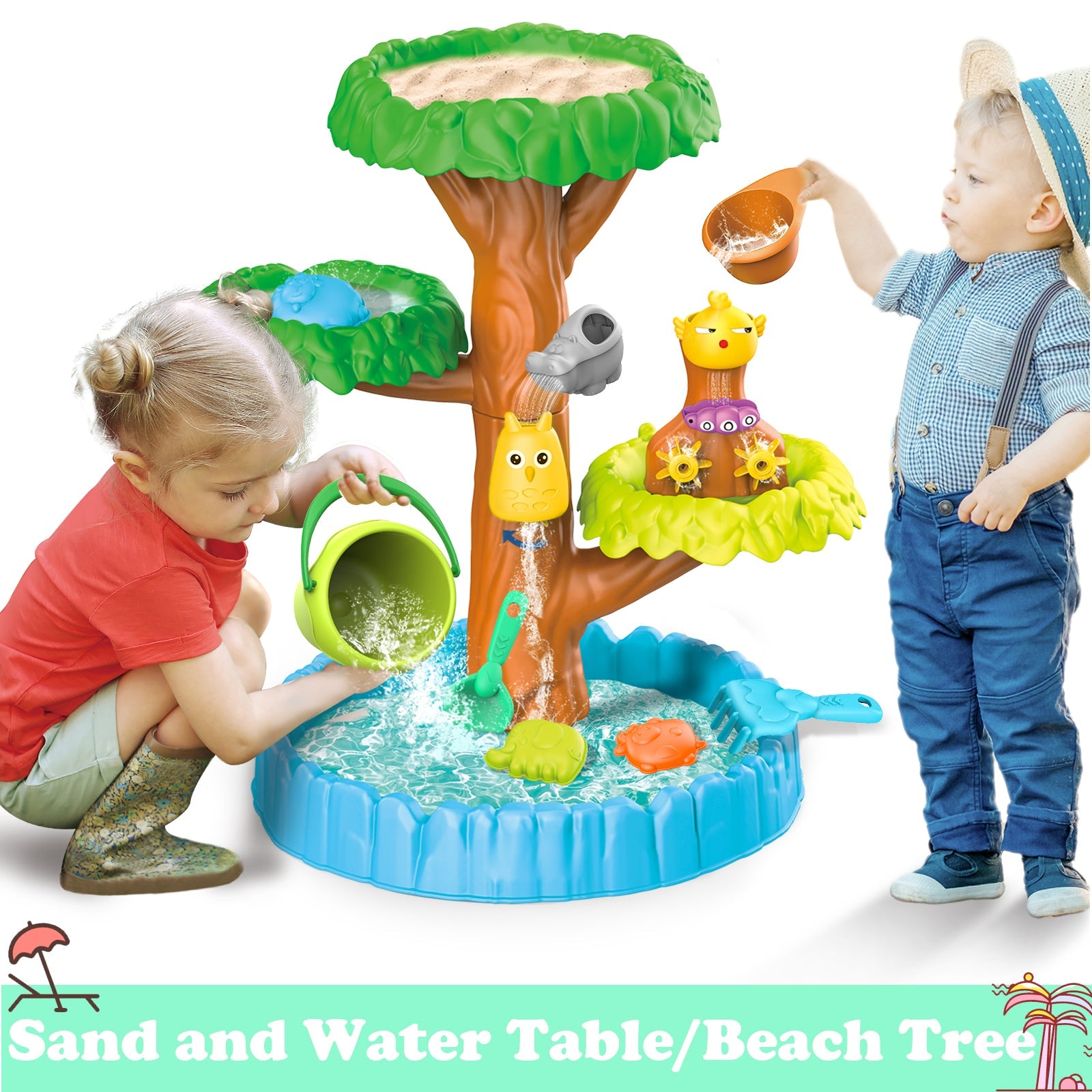 Mesa de juegos de arena y agua con árboles de playa, set de actividades de juego para la playa, juguetes de verano para jardín, para interior y exterior, arenero, mesa de agua, set de actividades para niños