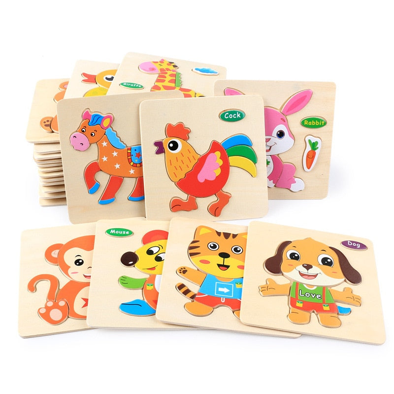 Set de 3 rompecabezas de madera con dibujos animados Montessori