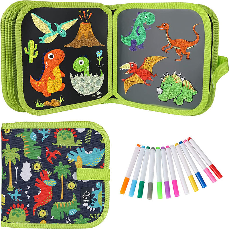 Fidtoy Livre de Dessin Réutilisable pour Enfants – Cahier de Gribouillage Effaçable avec Marqueurs Lavables, Tablette de Dessin Portable pour Voyage, Thème Dinosaure et Pratique d'Écriture Créative