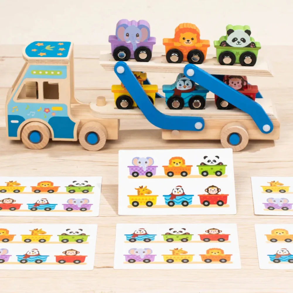 Fidtoy Wooden Tow Truck Toy for Toddlers Montessori Learning Toy with Animal Blocks for Fine Motor Skills and Creativity
