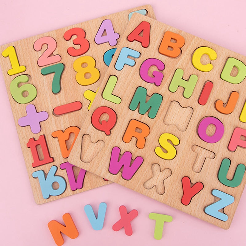 Rompecabezas de madera 3D Montessori para niños con formas de alfabeto y números