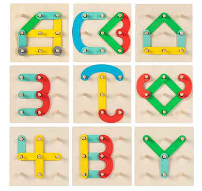 Fidtoy Wooden Bar Shaped Assembled Sleeve Column Puzzle Board for Kids | 26-Piece Alphabet Construction Blocks, Color Recognition, Shape Building, Fine Motor & Creative Stacking Toy Age 3+