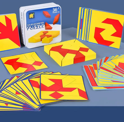 Fidtoy Creative Pattern Wooden Puzzle for Kids Ages 3+, 14 Wooden Blocks with 60 Double-Sided Pattern Cards, Geometric Tabletop Brain Game in Colorful Tin Box