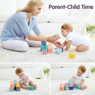 Fidtoy Bloques Sensoriales de Silicona Apilables para Bebés – Set de Juguetes Suaves para la Dentición 6 Meses+