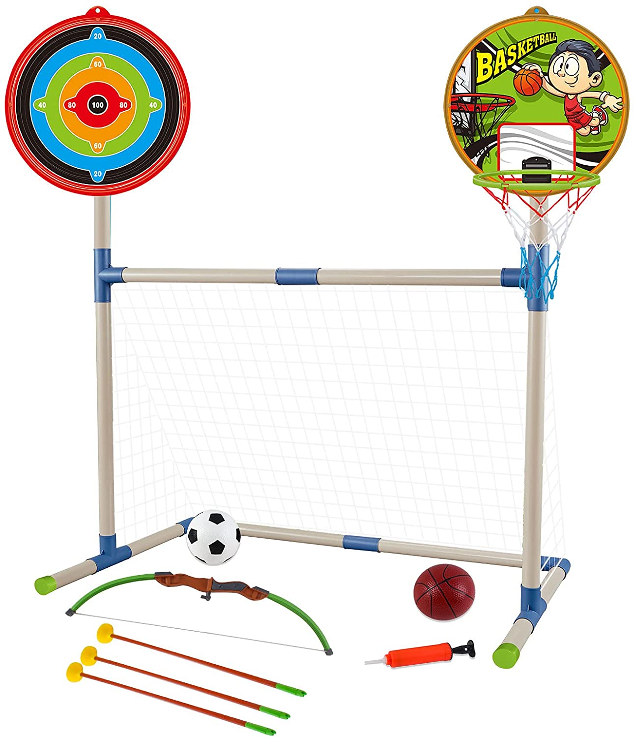 Juego 3 en 1 de deportes al aire libre: Baloncesto, Fútbol y Tiro con arco para niños, para interiores y exteriores. Excelente regalo de cumpleaños o Navidad.