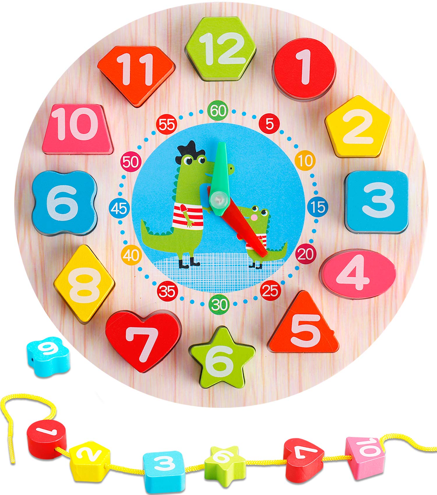 Fidtoy Wooden Shape Sorting Clock for Kids Ages 2+, Montessori Teaching Time Toy with 12 Number Blocks, Lacing Thread, Color Shape Matching, Hour Minute Second Learning and Fine Motor Play