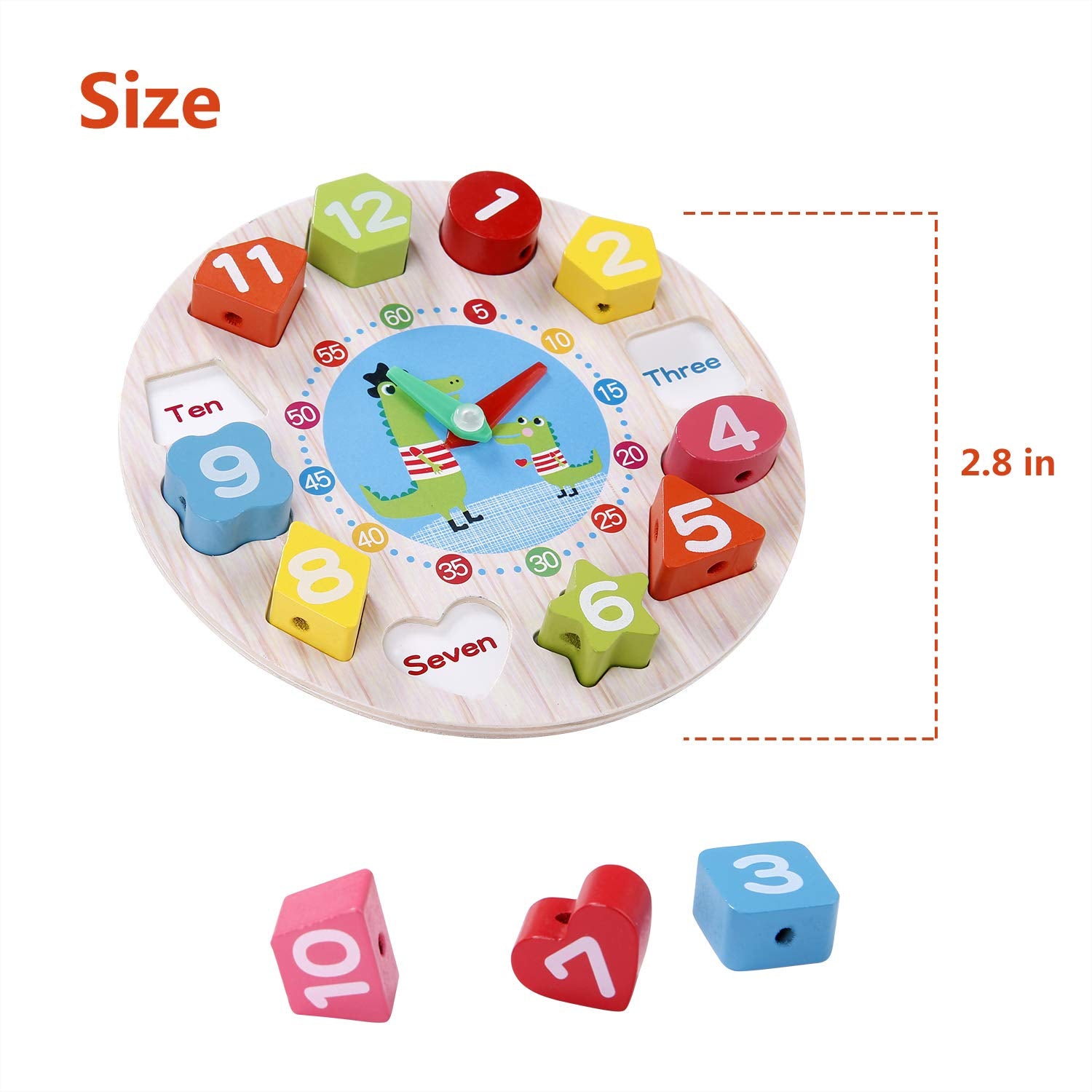 Fidtoy Wooden Shape Sorting Clock for Kids Ages 2+, Montessori Teaching Time Toy with 12 Number Blocks, Lacing Thread, Color Shape Matching, Hour Minute Second Learning and Fine Motor Play