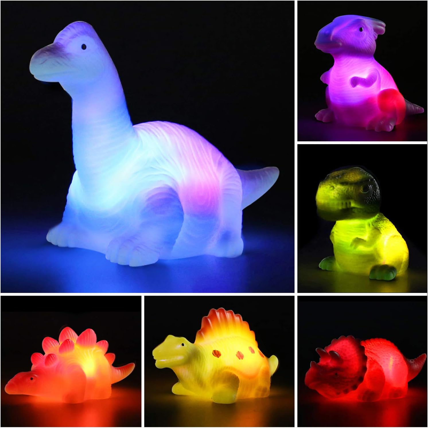 Juguetes de baño de dinosaurios Fidtoy con luces flotantes para niños pequeños (paquete de 6)