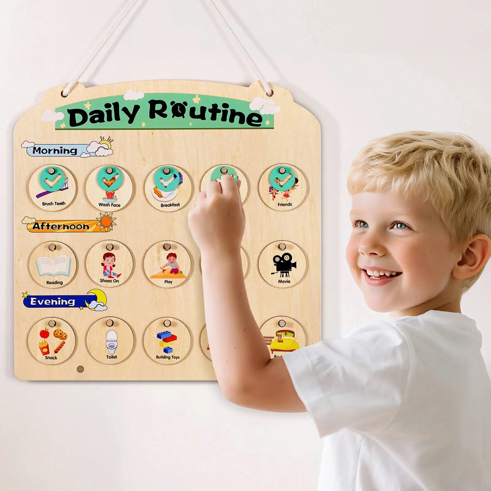 Horario Visual de Madera para Niños - Tablero de Rutina Sensorial para Niños de 3 a 6 Años