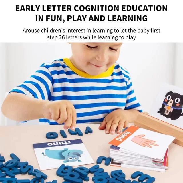 Fidtoy Zebra Vocabulary Building Wooden Spelling Game, Wooden Preschool Word Matching Toy with 78 Letter Blocks, 50 Cards and Wooden Card Slot Ages 3+