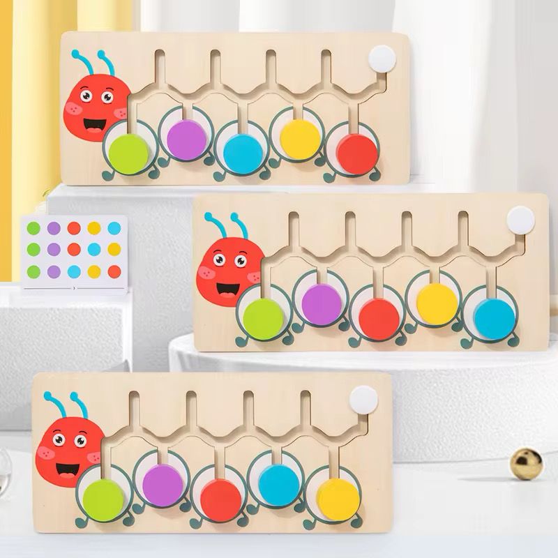 Rompecabezas de oruga de madera para emparejar colores - Actividad Montessori para clasificar colores con tarjetas de control