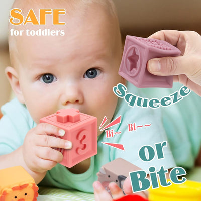 Fidtoy Blocs de construction souples pour bébé, Blocs de construction empilables en silicone avec animaux, chiffres, couleurs et formes pour bébés de 0 à 2 ans