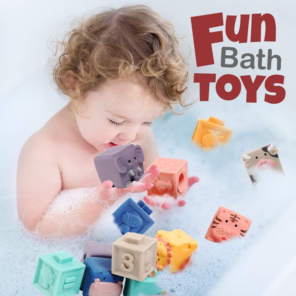 Fidtoy Blocs de construction souples pour bébé, Blocs de construction empilables en silicone avec animaux, chiffres, couleurs et formes pour bébés de 0 à 2 ans