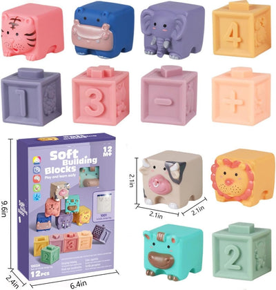 Fidtoy Blocs de construction souples pour bébé, Blocs de construction empilables en silicone avec animaux, chiffres, couleurs et formes pour bébés de 0 à 2 ans