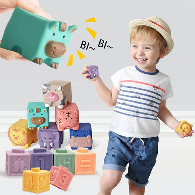 Fidtoy Blocs de construction souples pour bébé, Blocs de construction empilables en silicone avec animaux, chiffres, couleurs et formes pour bébés de 0 à 2 ans