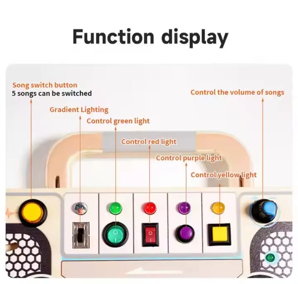 Tabla de actividades Montessori de viaje con luz (música LED e interruptores)