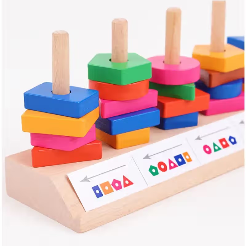 Fidtoy Wooden Shape Blocks Matching Game with Pattern Cards for Kids, 35-Piece Color and Shape Recognition Educational Toy with 16 Cards, Fine Motor and Spatial Awareness Game Age 3+