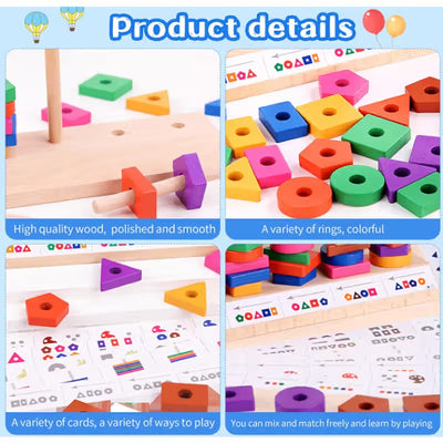 Fidtoy Wooden Shape Blocks Matching Game with Pattern Cards for Kids, 35-Piece Color and Shape Recognition Educational Toy with 16 Cards, Fine Motor and Spatial Awareness Game Age 3+