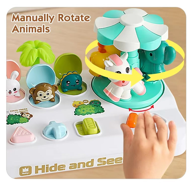 Fidtoy Pop Up Hide and Seek Animal Puzzle for Kids Interactive Animal Carousel Toy with Shape Buttons Fine Motor Play Ages 3+