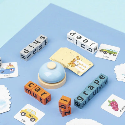 Jeu de blocs d'orthographe en bois Fidtoy avec buzzer, jeu de correspondance de lettres et de construction de mots pour 2 à 4 joueurs de 3 à 8 ans