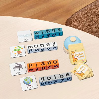 Jeu de blocs d'orthographe en bois Fidtoy avec buzzer, jeu de correspondance de lettres et de construction de mots pour 2 à 4 joueurs de 3 à 8 ans
