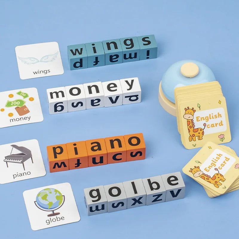 Jeu de blocs d'orthographe en bois Fidtoy avec buzzer, jeu de correspondance de lettres et de construction de mots pour 2 à 4 joueurs de 3 à 8 ans