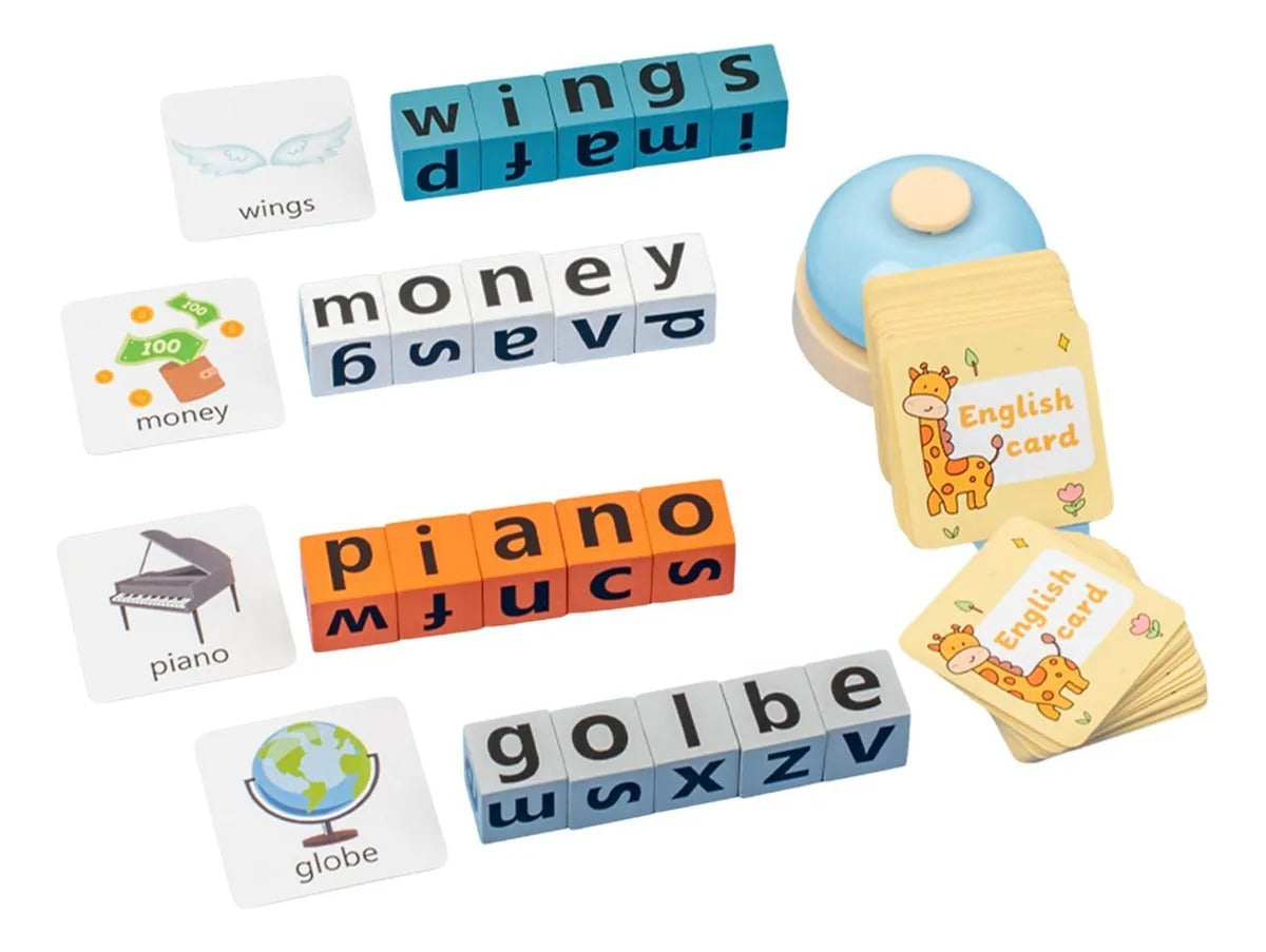 Jeu de blocs d'orthographe en bois Fidtoy avec buzzer, jeu de correspondance de lettres et de construction de mots pour 2 à 4 joueurs de 3 à 8 ans