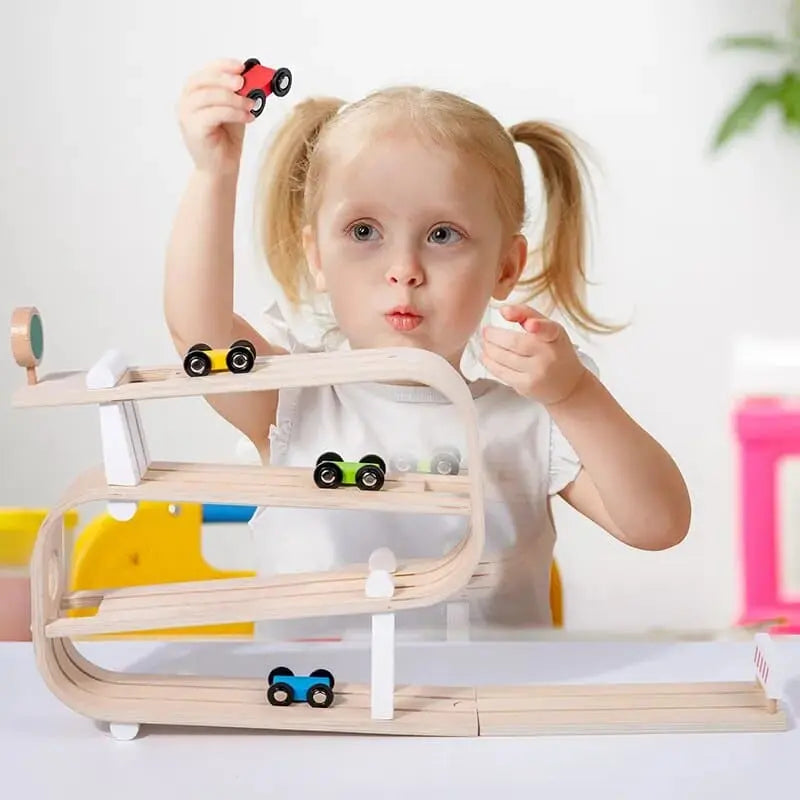 Rampe de voiture en bois Fidtoy pour tout-petits – Jouet de course Montessori pour jeu créatif en intérieur