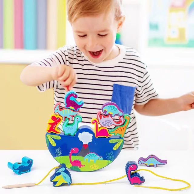 Juego de equilibrio y cordones de dinosaurios de madera - 12 piezas