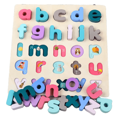 Alphabet en bois avec lettres minuscules et images pour l'apprentissage de la phonétique