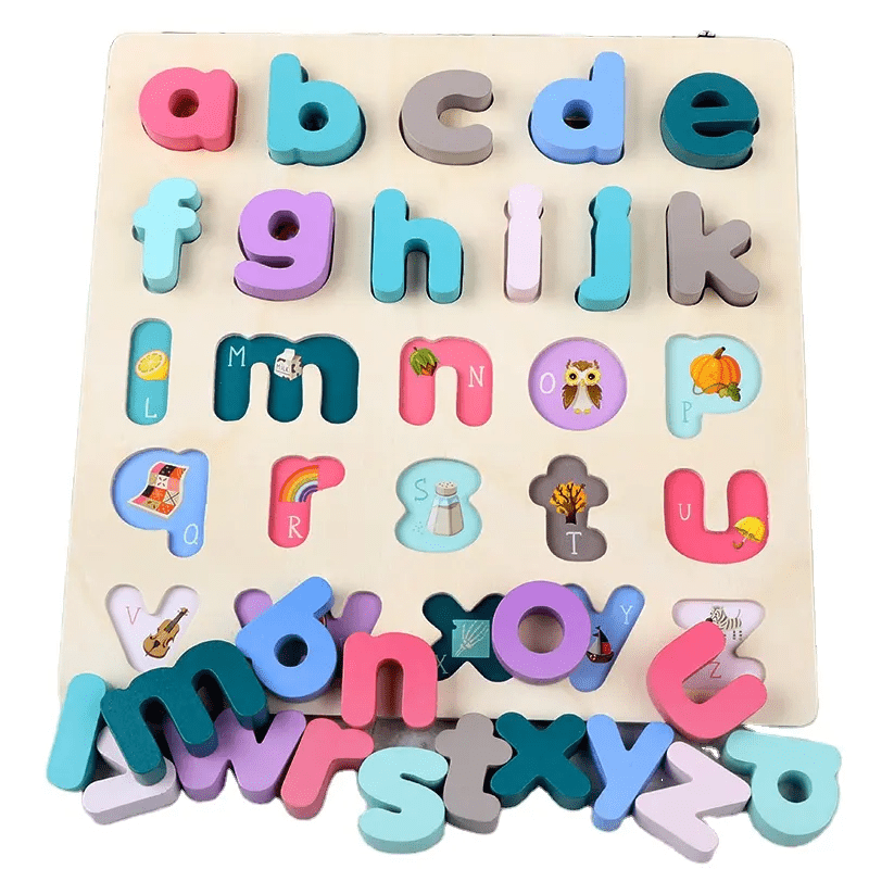 Rompecabezas de madera del alfabeto - Letras minúsculas con imágenes para fonética