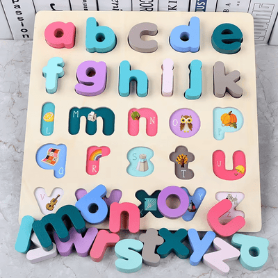 Alphabet en bois avec lettres minuscules et images pour l'apprentissage de la phonétique