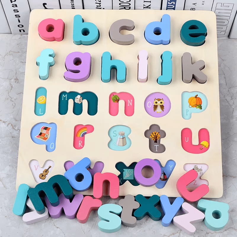 Rompecabezas de madera del alfabeto - Letras minúsculas con imágenes para fonética