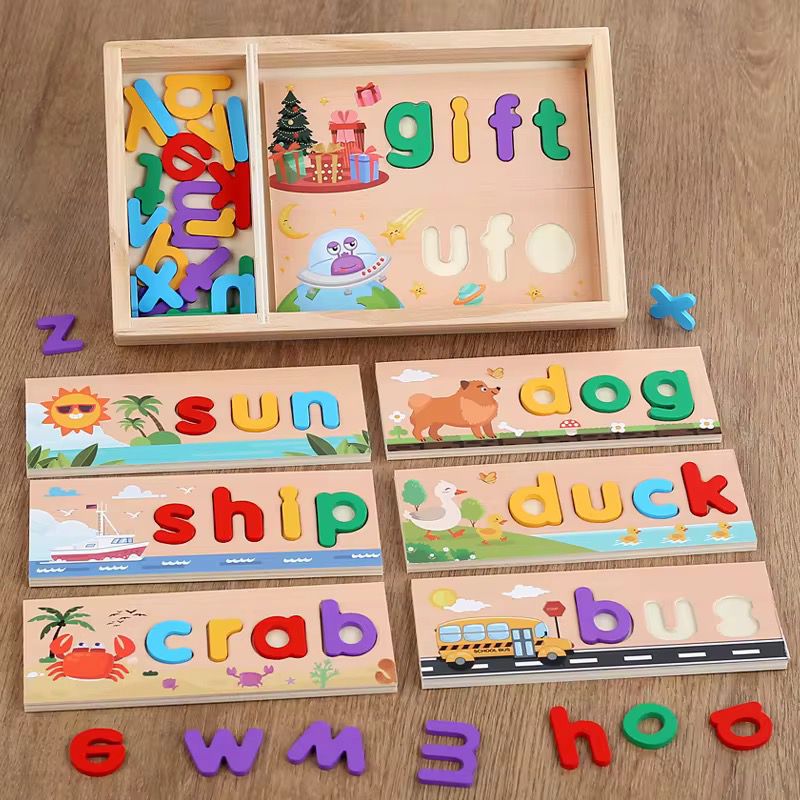Rompecabezas de Ortografía de Madera con Letras Minúsculas - Juego de Fonética y Asociación de Palabras para Preescolares