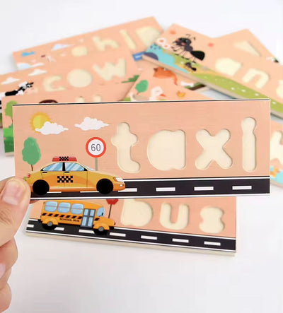 Wooden Spelling Puzzle with Lowercase Letters - Phonics and Word Matching Game for Preschoolers