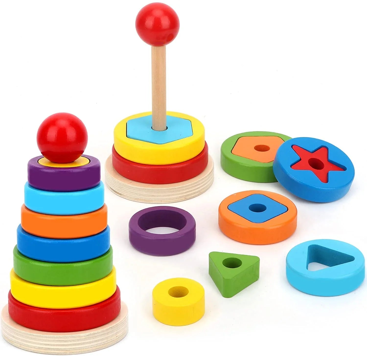 Fidtoy Wooden Rainbow Stacking Ring Tower for Toddlers Montessori Learning Toy for Quiet Time Home Play Color Sorting Fine Motor Skill Development Educational Toy