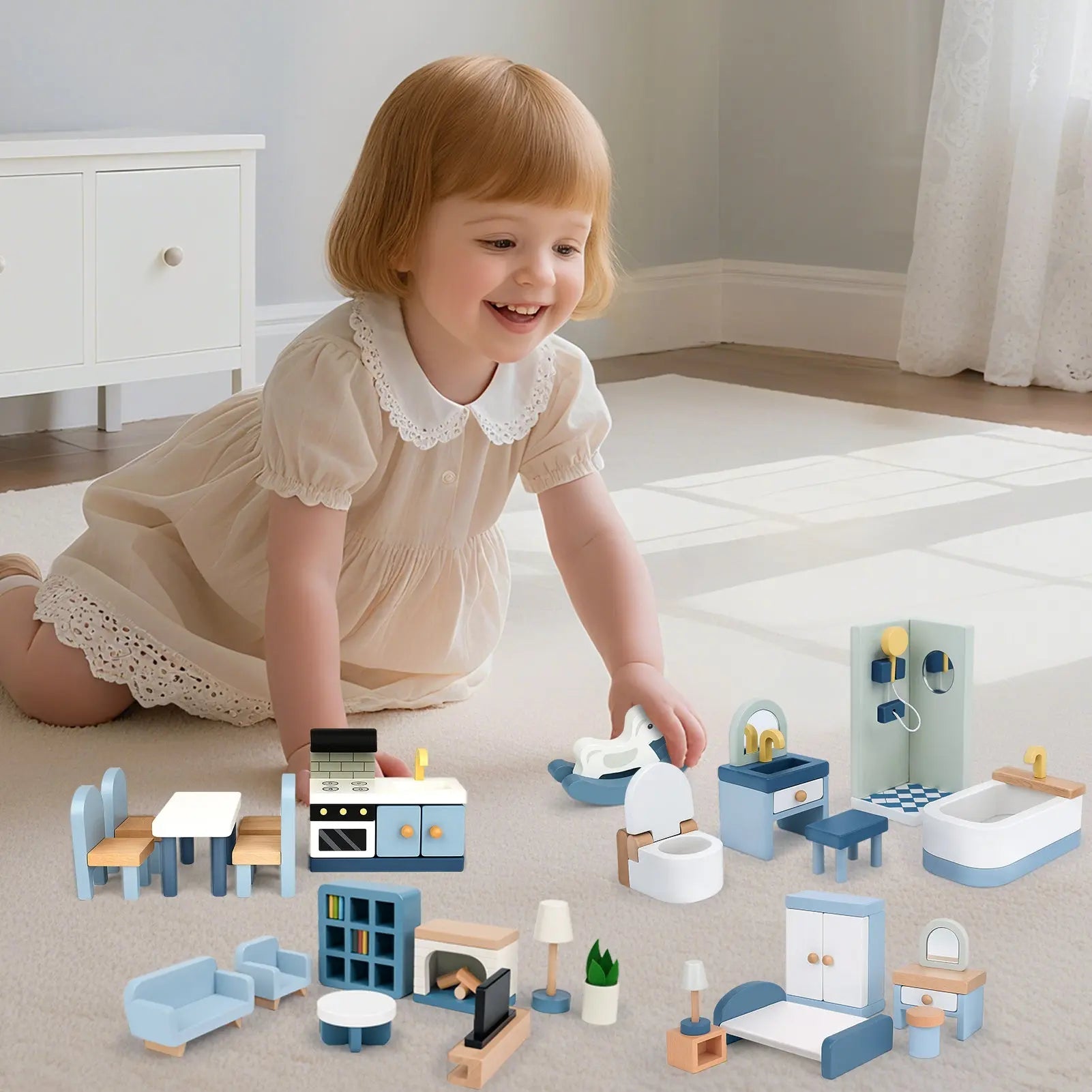 Wooden Dollhouse Furniture Set - 36 Pieces