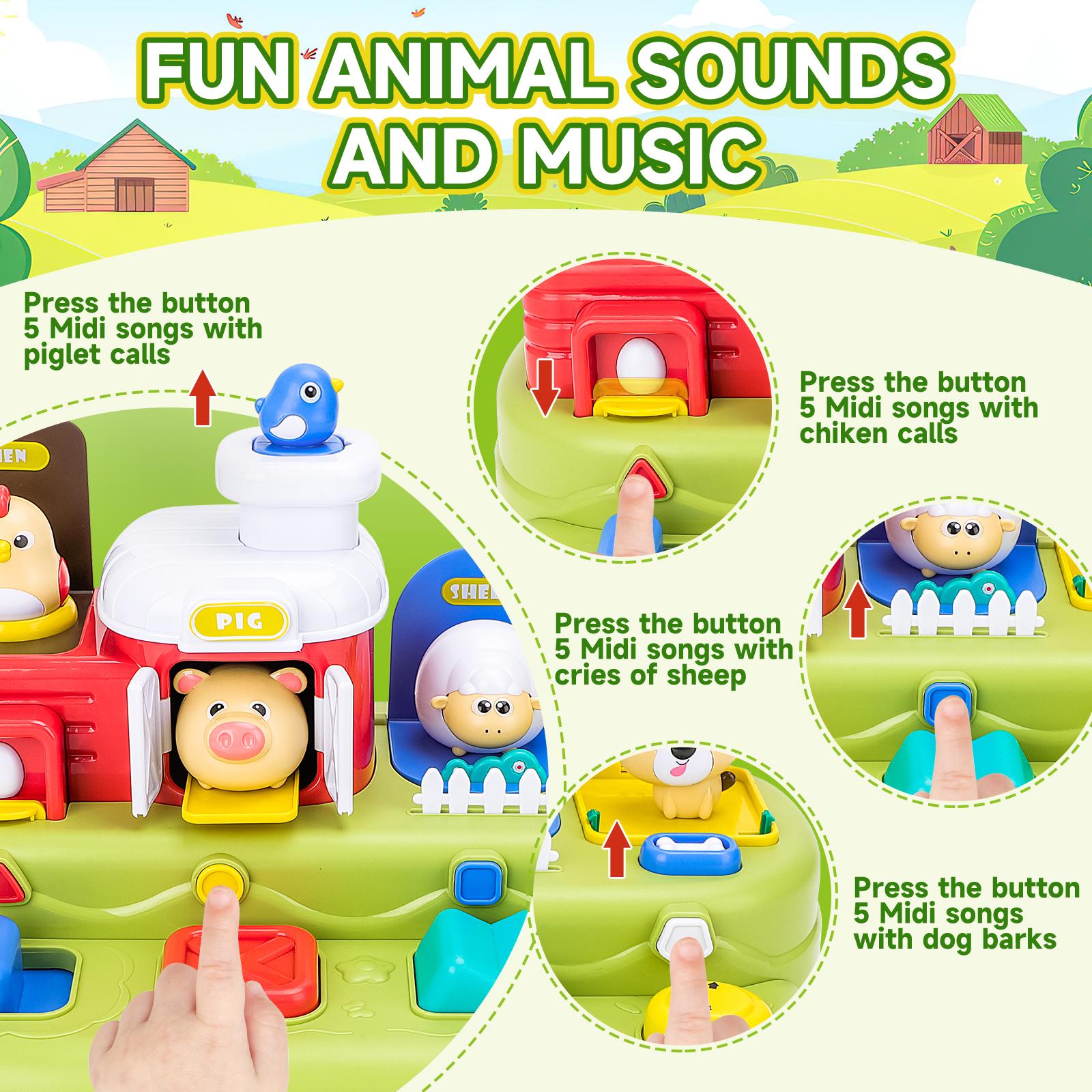 Jouet d'activité interactif pour animaux de la ferme avec musique et sons – Jeu d'éveil sensoriel pour bébés et tout-petards – Boutons à pousser, presser, tourner et retourner – Cadeau éducatif pour les 12 mois et plus