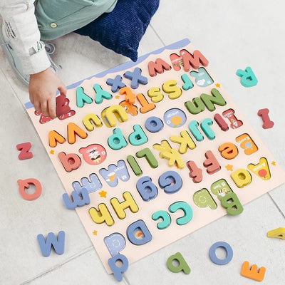 Tablero del alfabeto en mayúsculas y minúsculas – Puzle de letras de madera para la alfabetización temprana y el reconocimiento de letras