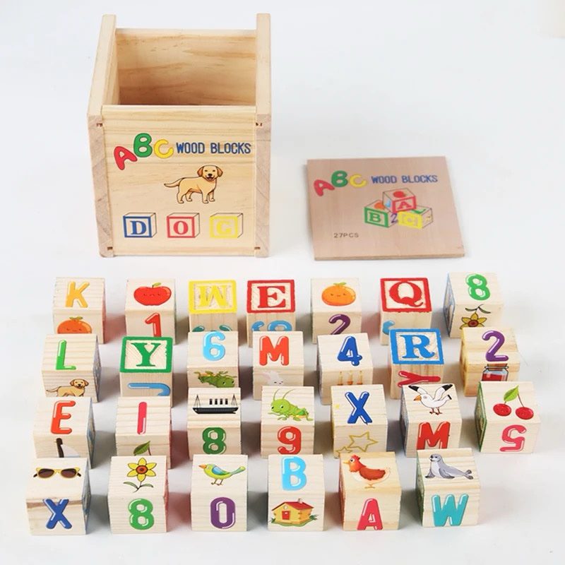 Bloques de madera con alfabeto - Clásico juguete apilable y de aprendizaje ABC con caja de almacenamiento