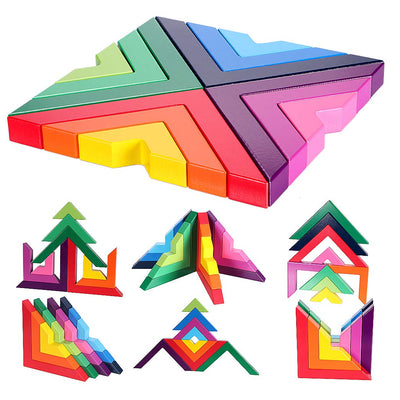 12 bloques de arcoíris de madera de colores con ángulos - Juguetes de construcción libre