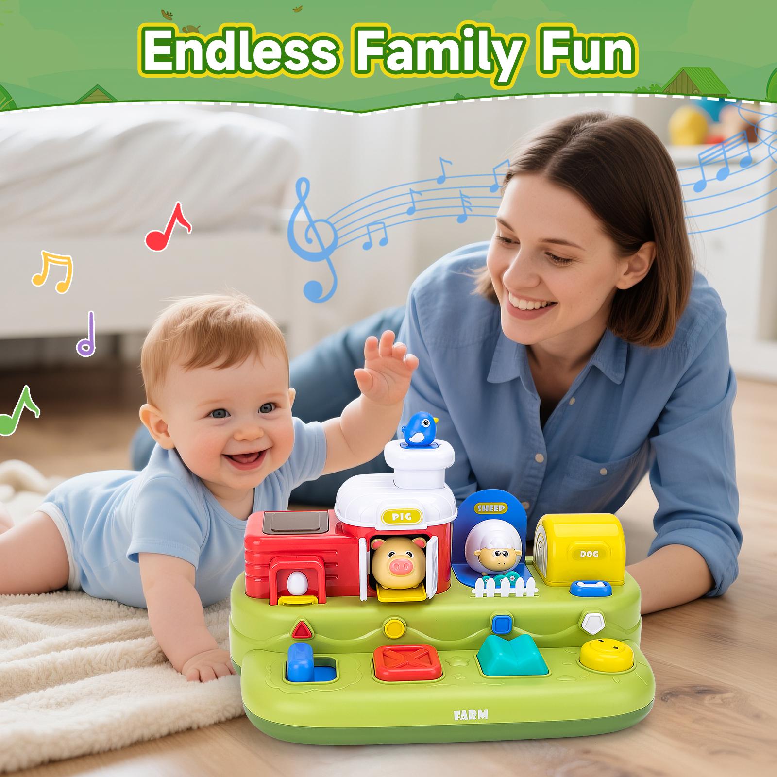 Jouet d'activité interactif pour animaux de la ferme avec musique et sons – Jeu d'éveil sensoriel pour bébés et tout-petards – Boutons à pousser, presser, tourner et retourner – Cadeau éducatif pour les 12 mois et plus