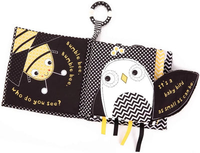 Livre en tissu doux pour bébés à contraste élevé « Bumble Bee » – Livre sensoriel froissable noir et blanc pour nouveau-nés et nourrissons