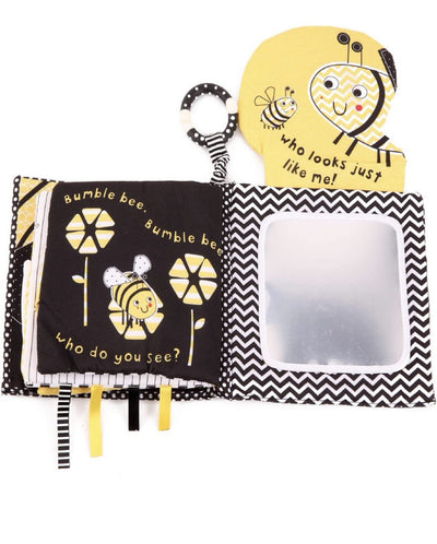 Livre en tissu doux pour bébés à contraste élevé « Bumble Bee » – Livre sensoriel froissable noir et blanc pour nouveau-nés et nourrissons