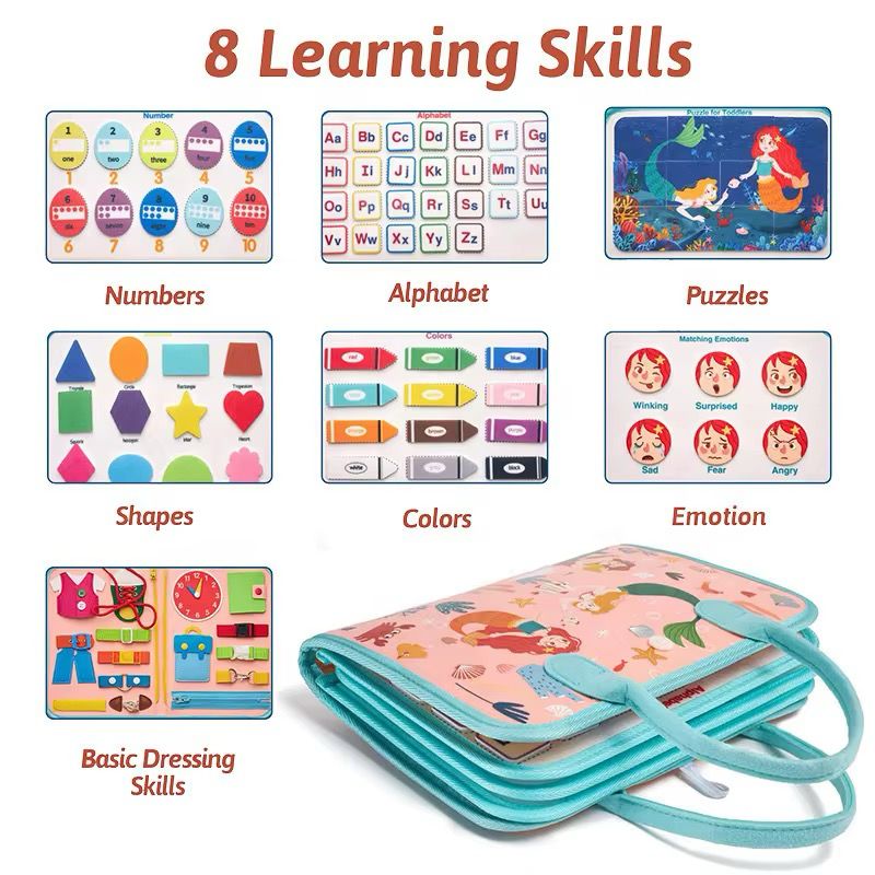 Tabla de fieltro sensorial para niños pequeños - Juguete de viaje con habilidades prácticas para la vida con temática espacial, sirenas y dinosaurios