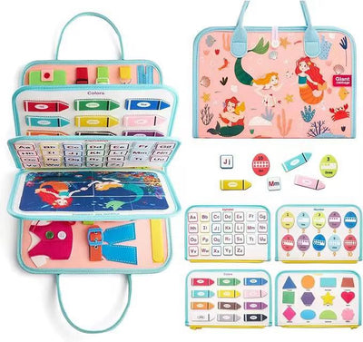 Tabla de fieltro sensorial para niños pequeños - Juguete de viaje con habilidades prácticas para la vida con temática espacial, sirenas y dinosaurios
