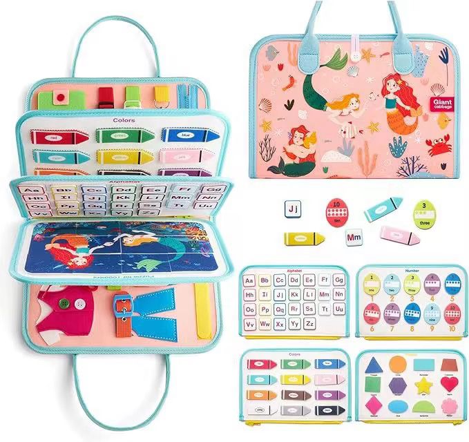 Tabla de fieltro sensorial para niños pequeños - Juguete de viaje con habilidades prácticas para la vida con temática espacial, sirenas y dinosaurios