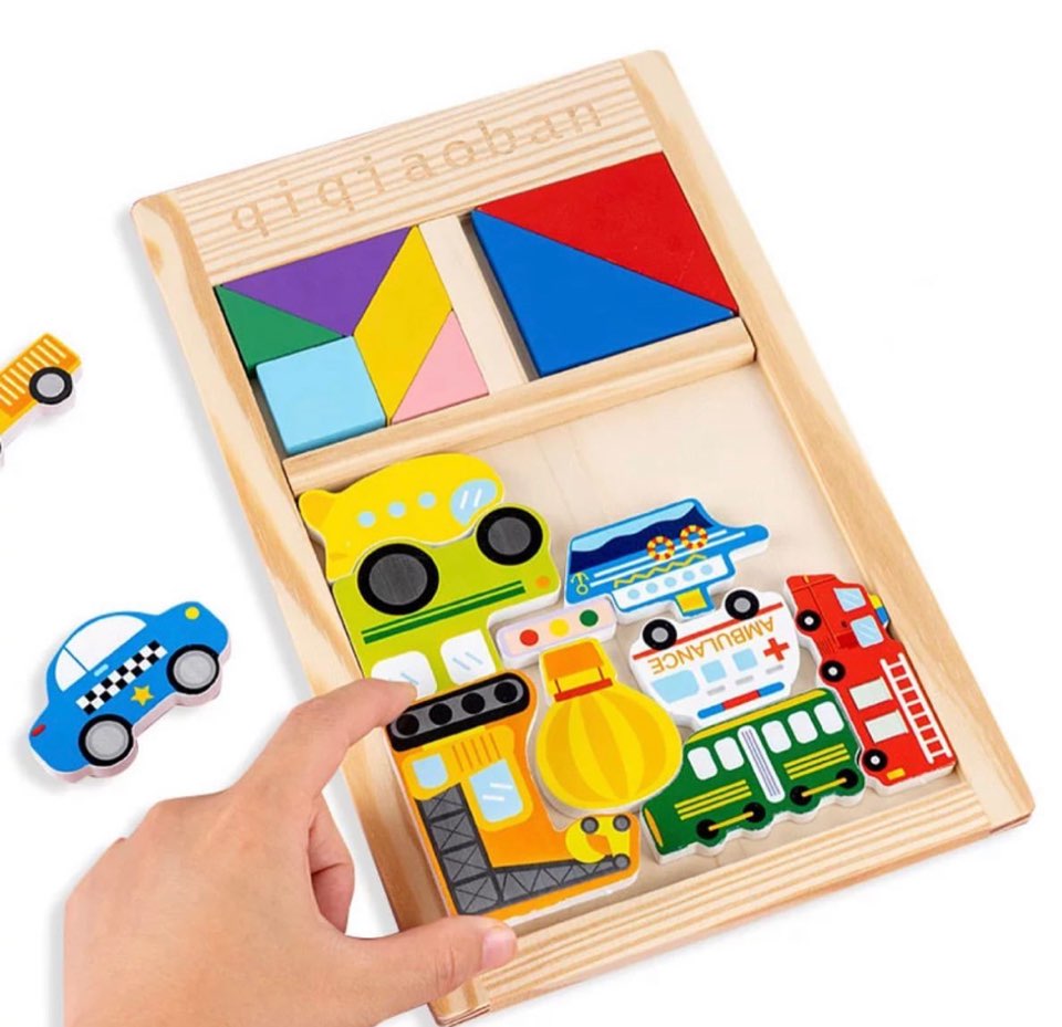 Fidtoy Casse-tête Tangram 3 en 1, Puzzle en Bois de Véhicules, Jeu d'apprentissage pour la Reconnaissance des Couleurs et la Motricité Fine, dès 3 Ans