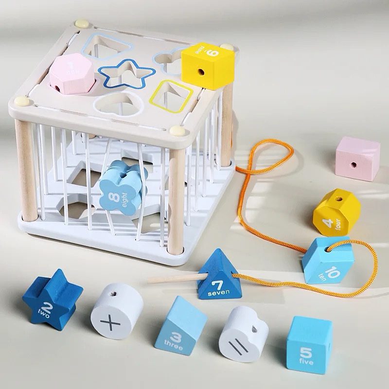 Trieur de formes en cage et activité de laçage – Jouet Montessori pour la motricité fine et la reconnaissance des chiffres
